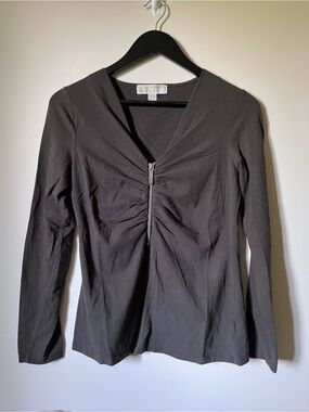 Michael Kors Black Long Sleeve V-Neck Zip Front Top